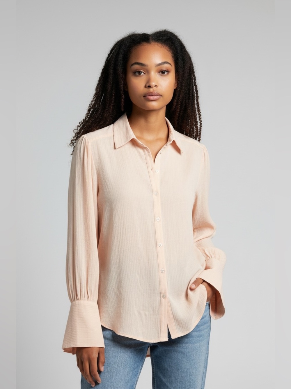 Free People Pale Blush Button-Down Long-Sleeve Shirt